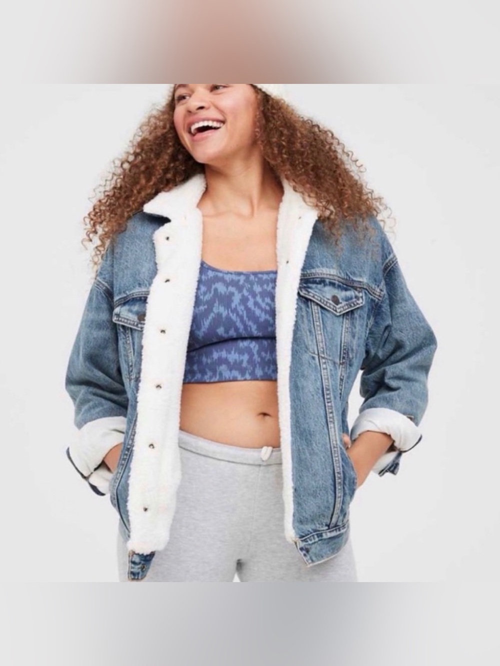 Offline aerie Blue Denim Jacket with White Sherpa Lining